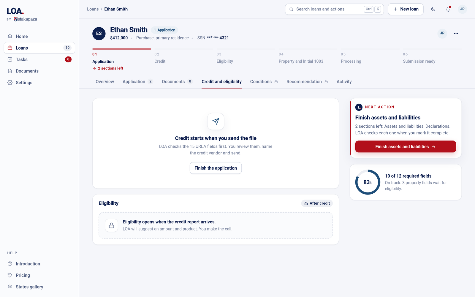 LOA credit and eligibility tab: credit starts when the file is sent, eligibility is locked until the credit report arrives